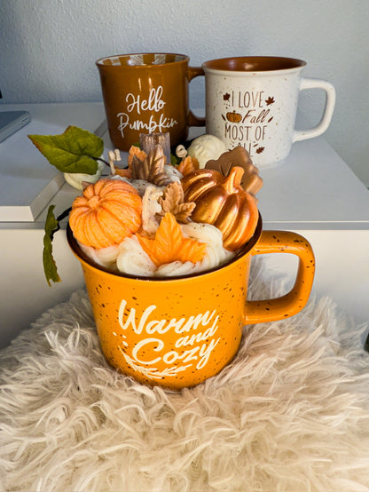 Warm & Cozy Fall Mug Candle – Reusable Autumn Gift
